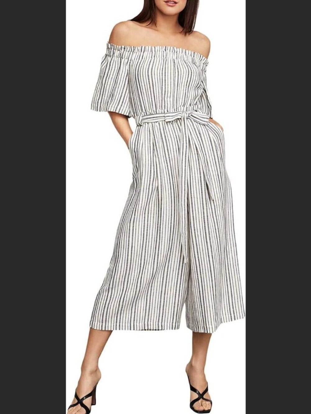 BCBG Maxazria Striped Off-Shoulder Wide-Leg Jumpsuit Cream and Gray Size XXS